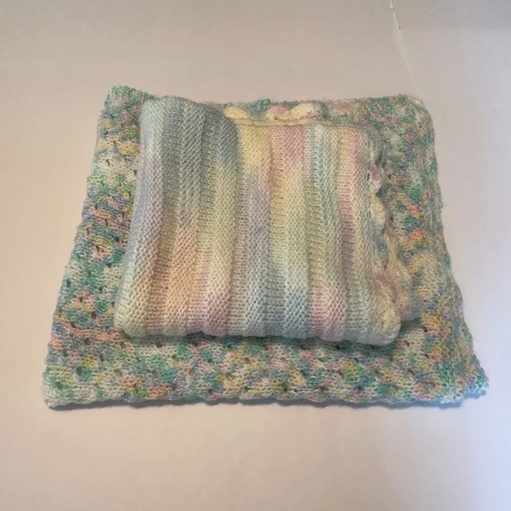 Handmade Knit Baby Blanket Set 2pc Pastel Variegated Scalloped Edge Nursery